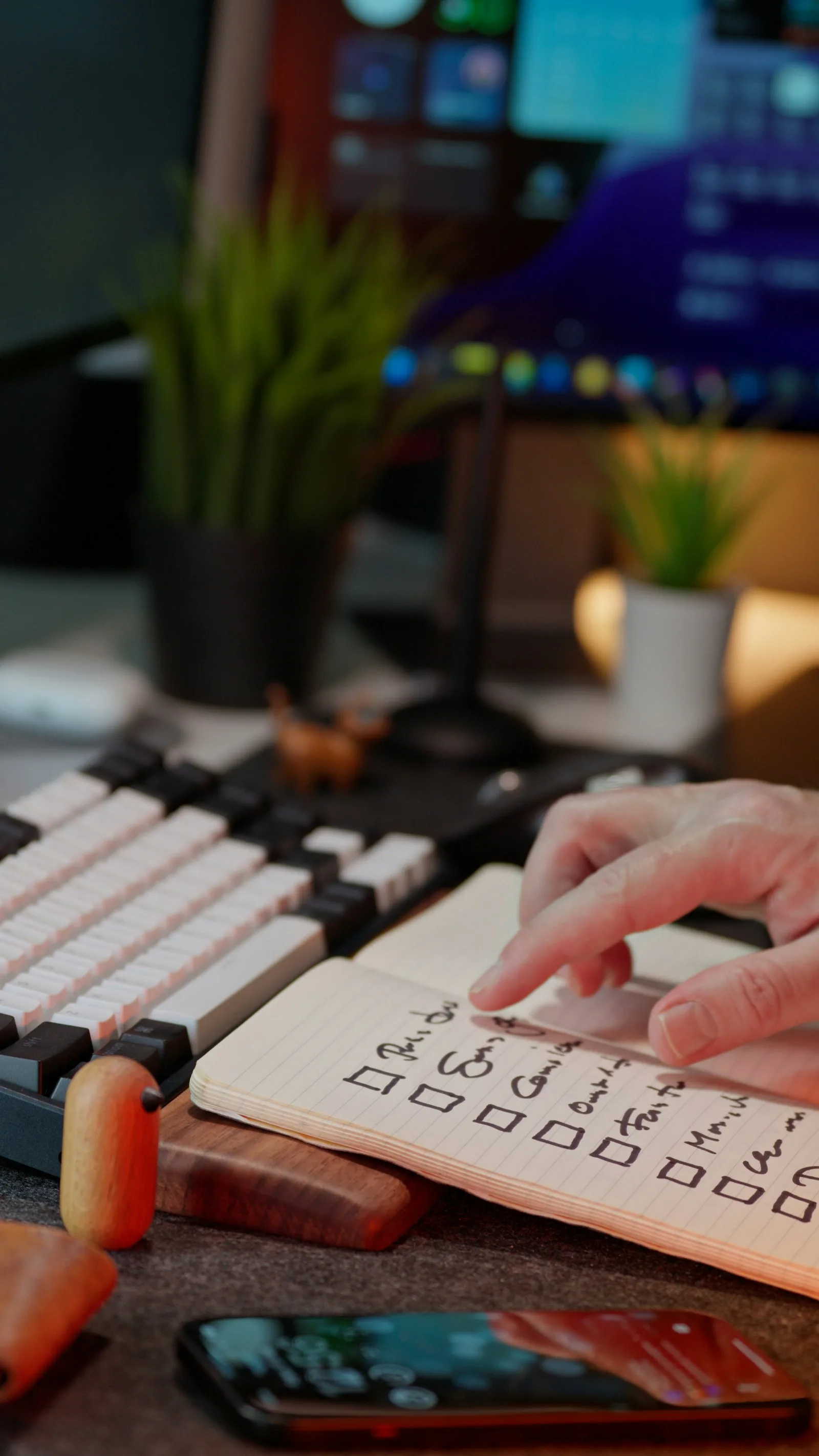 A hand reviewing a written checklist beside a computer